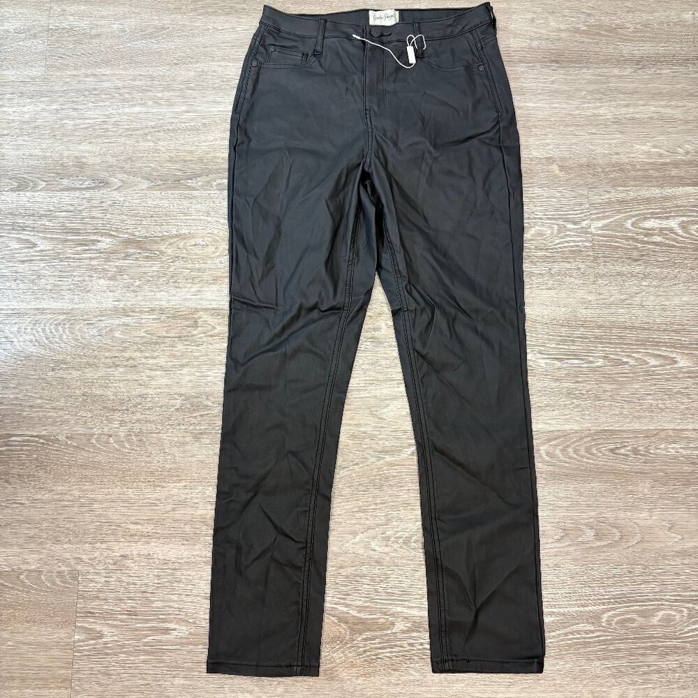 Charlie Paige Black Faux Leather Slim Fit Cotton Pants Slit Hem sz S